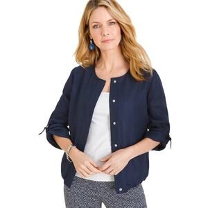CHICO'S LINEN SNAP BUTTON 3/4 SLEEVE UTILITY JACKET IN‎ NAVY NWT WOMEN'S SIZE 12
